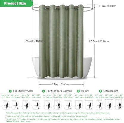 No Hook Waffle Shower Curtain, No Liner Needed, 71x74 Inch, Sage Green