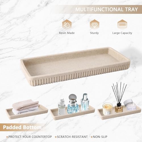 XLHOMO Resin Beige Bathroom Accessories Set 5 Pcs, Lotion Soap Dispenser, Toothbrush Holder, Bathroom Tumbler, Qtip Holder and Vanity Tray, Bathroom Countertop Organizer Set for Modern Home Apartment