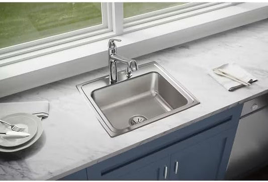 22 Inch Drop In Stainless Steel Kitchen Sink, Single Bowl 18 Gauge 304 Stainless Steel Sink, 7-5/8" Deep Basin, Lustertone Satin Finish Top Mount Kitchen Sink, Quick Clip Installation, 1 Faucet Hole