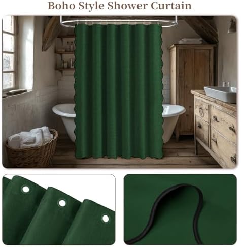BTTN Emerald Boho Scalloped Linen Textured Cloth Shower Curtain Set, 72x72