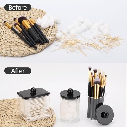 Tbestmax 10oz Cotton Ball Holder Qtips Dispenser, Bathroom Container Organizer for Storage Cotton Swabs, Pads - Apothecary Jar with Black Lids