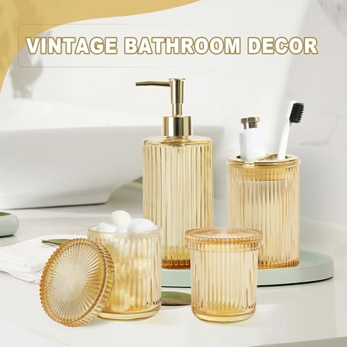KASUNTING Gold Bathroom Accessories 4 Pcs, Gold Glass Soap Dispenser and Toothbrush Holder Set, Qtip Holder Set, Glass Bathroom Soap Dispenser Set, Yellow Orange Bathroom Decor
