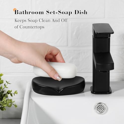 Black Bathroom Accessories Set, 7 Pcs Matte Black Bathroom Accessory Set with Trash Can, Soap Dispenser, Toothbrush Holder, Soap Dish, Vanity Tray, Qtip Holder, Modern Bathroom Sets Complete Decor