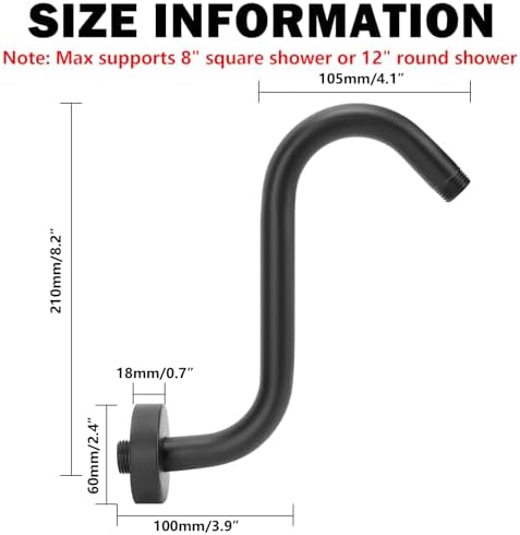 NearMoon S Shaped Shower Head Riser Arm, Shower Extender Arm with Flange, Standard 1/2" Connection- Bathroom Accessory (8 Inch, Matte Black)