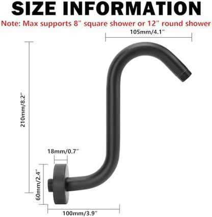 NearMoon S Shaped Shower Head Riser Arm, Shower Extender Arm with Flange, Standard 1/2" Connection- Bathroom Accessory (8 Inch, Matte Black)