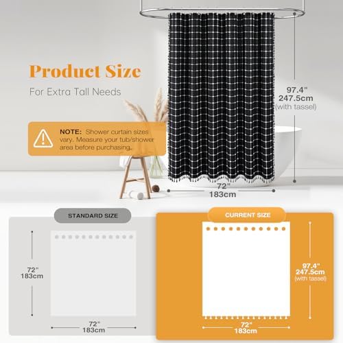 BTTN Extra Long Boho Farmhouse Linen Shower Curtain, 72x96, Black and White