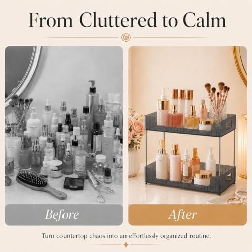 Goderewild 2 Tier Bathroom Counter Organizer, Multi-Purpose Cosmetics Skincare Shelf, Makeup Organizer for Vanity Tray, Countertop Storage Solution for Kitchen and Bath. (Smoky Gray)