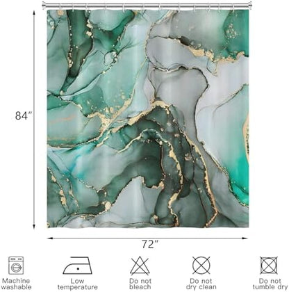 Green Marble Shower Curtain, Modern Abstract Luxury Green Gold Ink Texture Watercolor Art Bathroom Curtains Ombre Machine Washable Waterproof Fabric Bathtub Curtain Set with Hooks 72" Wx84 L