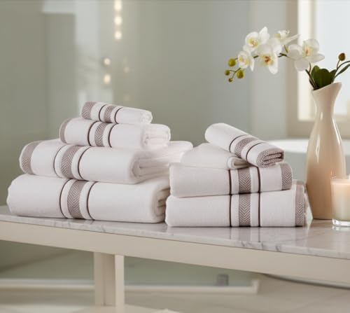 Bath Towels Set for Bathroom – Luxury 6-Piece Cotton Towels, Soft Absorbent & Quick Dry, 600 GSM Bath Towels for Bathroom, Hotel Spa Quality (White/Brown, 6- Bath Towel Set)