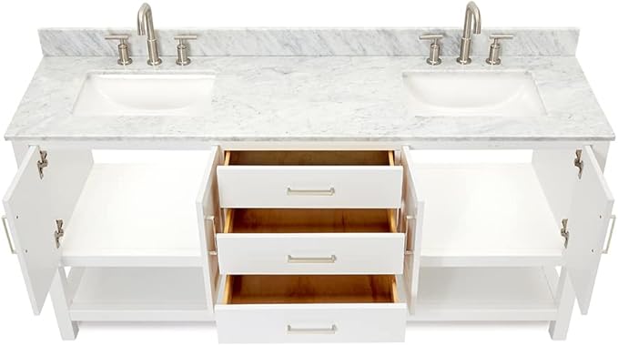 ARIEL Magnolia 72-inch Bathroom Vanity with Sink,Solid Wood, 0.75-inch Italian Carrara Marble Countertop, Double Rectangular Porcelain Sink, 4 Soft Closing Doors, 3 Dovetail Drawers, White
