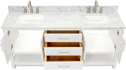ARIEL Magnolia 72-inch Bathroom Vanity with Sink,Solid Wood, 0.75-inch Italian Carrara Marble Countertop, Double Rectangular Porcelain Sink, 4 Soft Closing Doors, 3 Dovetail Drawers, White