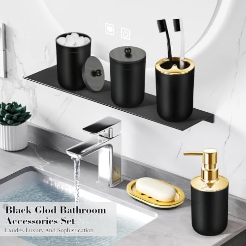 Black Bathroom Accessories Set, 22Pcs Bathroom Sets with Shower Curtain and Rugs, Bathroom Accessories Sets Complete with Trash Can, Non-Slip Bathroom Rugs, Super Absorbent, Black Gold