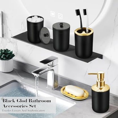 Black Bathroom Accessories Set, 22Pcs Bathroom Sets with Shower Curtain and Rugs, Bathroom Accessories Sets Complete with Trash Can, Non-Slip Bathroom Rugs, Super Absorbent, Black Gold
