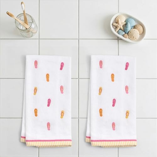Ritz 2-Piece Cotton Velour Bathroom Hand Towel Set, Embroidered Flip Flop Pattern, Soft Decorative Towels in Warm Pink and Orange, Coastal Tropical Decor, 16” x 26”
