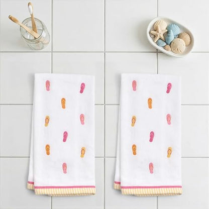 Ritz 2-Piece Cotton Velour Bathroom Hand Towel Set, Embroidered Flip Flop Pattern, Soft Decorative Towels in Warm Pink and Orange, Coastal Tropical Decor, 16” x 26”