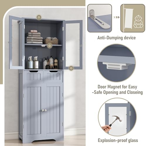 Betterhood 67" Tall Bathroom Storage Cabinet, Freestanding Cabinet with Glass Doors and Shelves, Large Bathroom Pantry with 2 Drawers for Living Room, Kitchen, Dining Room, Office, Gray