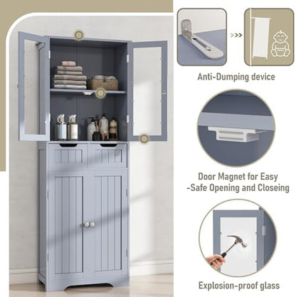 Betterhood 67" Tall Bathroom Storage Cabinet, Freestanding Cabinet with Glass Doors and Shelves, Large Bathroom Pantry with 2 Drawers for Living Room, Kitchen, Dining Room, Office, Gray