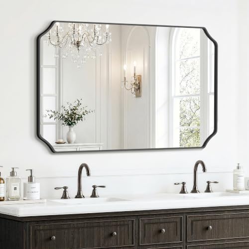 Delma Bathroom Vanity Mirror, Black Framed Aluminum Bathroom Mirror for Over Sink, Scalloped Round Corner Wall Mirror, High-Definition Vanity Mirror, Hangs Horizontally or Vertically (30x40,Black)