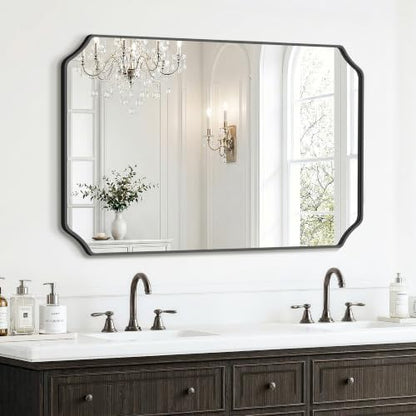 Delma Bathroom Vanity Mirror, Black Framed Aluminum Bathroom Mirror for Over Sink, Scalloped Round Corner Wall Mirror, High-Definition Vanity Mirror, Hangs Horizontally or Vertically (30x40,Black)