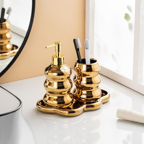 Gold Bathroom Accessory Set, 3-Piece Gold Ceramic Bath Accessories Set with Tray, Lotion Dispenser, and Tumbler for Luxurious Bathroom Decor
