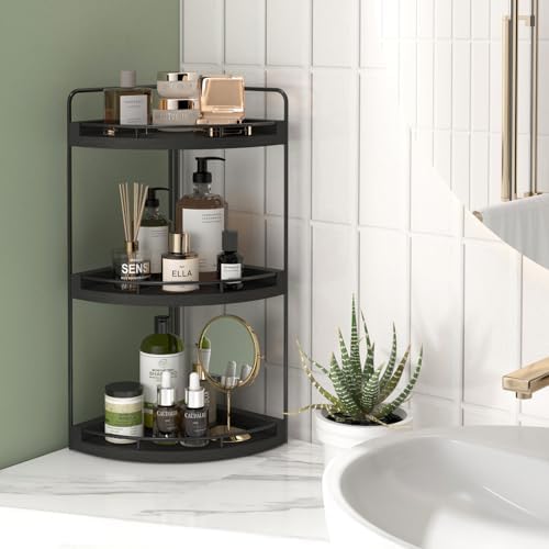 Fixwal 3 Tier Corner Bathroom Countertop Organizer Vanity Wood Shelf Black