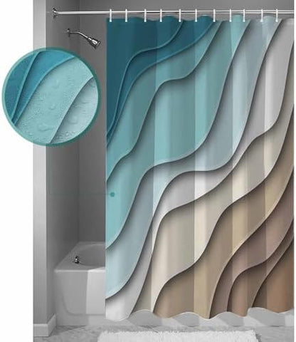Shower Curtain Bathroom Set Teal Stripes Gradient Water Ripple Waterproof Shower Curtains with Grommets Hooks Brown Abstract Geometric Modern Art Privacy Bath Curtain for Bathtub Decor 72x72in