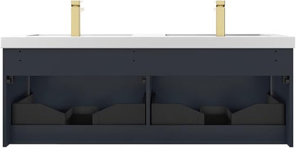 Blossom 60 Inch Double Sink Bathroom Vanity, All Wood Wall Mounted Floating Bathroom Vanity Cabinet with Acrylic Sink, Bathroom Sink Cabinet with Soft-Close Drawers, Modern Vanities, Night Blue
