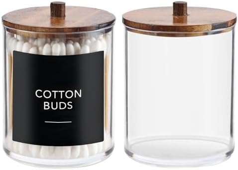 Temoyj 2 Pack Qtip Holder Dispenser with Wood Lids - 10 oz Clear Plastic Apothecary Jar Containers for Vanity Makeup Organizer Storage - Bathroom Accessories Set for Cotton Swab,Pads, Ball, Floss