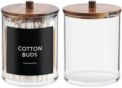 Temoyj 2 Pack Qtip Holder Dispenser with Wood Lids - 10 oz Clear Plastic Apothecary Jar Containers for Vanity Makeup Organizer Storage - Bathroom Accessories Set for Cotton Swab,Pads, Ball, Floss