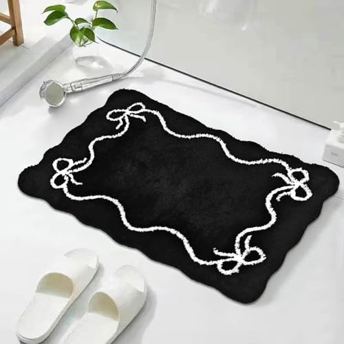 Mocsicka Black Bow Bath Mat Cute Bow Bathroom Rug Super Soft Absorbent Bathroom Rugs Non Slip Bath Mat Machine Washable Rug for Bathrooms 20x32 inches (Black, 50x80cm)