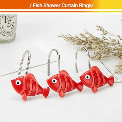 12Pcs Red Fish Shower Curtain Hooks Decorative for Curtain Rods, Cute Animals Shower Curtain Rings, Silver Stainless Steel Metal Shower Curtain Hanger Hooks, Kids Ocean Bathroom Decor Accessories