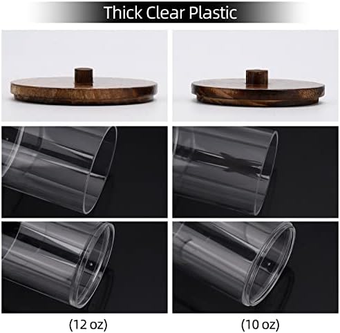 Tbestmax 4 Pack Qtip Holder Dispenser Cotton Ball, Cotton Swab, Floss - 12oz, 10 oz Clear Plastic Apothecary Jars for Bathroom Organizer and Storage Containers (Brown Wood Lids)