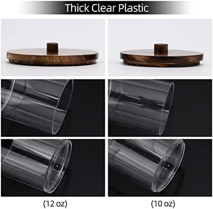 Tbestmax 4 Pack Qtip Holder Dispenser Cotton Ball, Cotton Swab, Floss - 12oz, 10 oz Clear Plastic Apothecary Jars for Bathroom Organizer and Storage Containers (Brown Wood Lids)