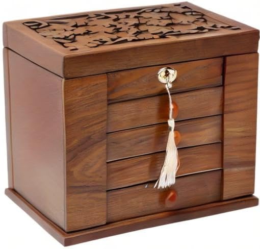 Changsuo Wooden Jewelry Box for Women, Organizer Box of Solid Wood with Lock and Key for Jewelries, Watches, Necklace, Ring, Lockable Storage Case (Cherry)