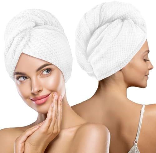 MaopaoBeauty 2 Pack Microfiber Hair Towel Wrap for Women, Hair Drying Towel with Button, Towel Turban,Head Towel to Dry Hair Quickly Lint Free, White