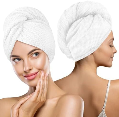MaopaoBeauty 2 Pack Microfiber Hair Towel Wrap for Women, Hair Drying Towel with Button, Towel Turban,Head Towel to Dry Hair Quickly Lint Free, White