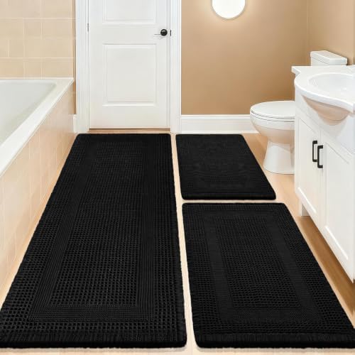 Upgrade Waffle Bath Mat Set 3 Piece, Boho Bathroom Rugs Absorbent Non Slip, Ultra Soft Bathroom Mat, Machine Washable Knit Bath Rugs with Tassels for Bathroom, Bedroom, Kitchen, Shower, Tub, Black