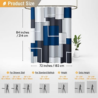 BTTN 72x84 Tall Geometric Waterproof Fabric Shower Curtain Set, Navy Blue