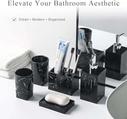 5 Piece Bathroom Accessories Set, Marble Resin Bathroom Vanity Set, Soap Dispenser, Toothbrush Holder, Soap Dish & 2 Tumblers, Bathroom Countertop Organizer Set (Ink Black)