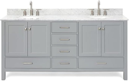 ARIEL Cambridge 72-inch Bathroom Vanity with Sink,Solid Wood, 0.75-inch Italian Carrara Marble Countertop & Backsplash, Double Oval Porcelain Sink, 4 Soft Closing Doors, 6 Dovetail Drawers, Grey