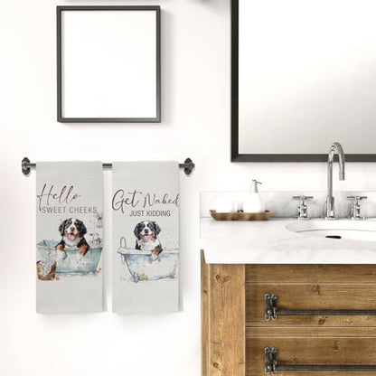 Funny Bernese Mountain Dog Hand Towels, Hello Sweet Cheeks Bathroom Decor, Bernese Mountain Dog Gifts Decorative Hand Towels for Bathroom Washroom Restroom, 16x24 Inch Set of 2