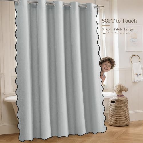 Furlinic Dusty Blue Scalloped No Hook Shower Curtain Waterproof Linen 78x75