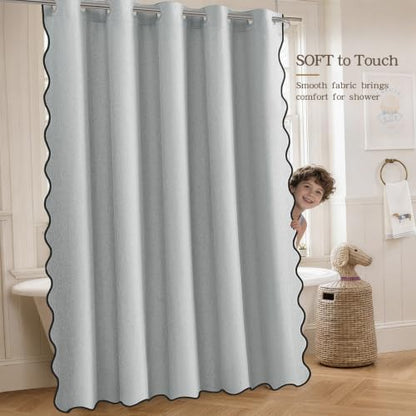 Furlinic Dusty Blue Scalloped No Hook Shower Curtain Waterproof Linen 78x75
