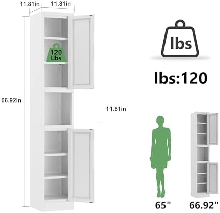 Ckzbx Tall Narrow Storage Cabinet 66.93" H Tall Bathroom Cabinets Metal Pantry Cabinet, 4 Adjustable Shelves for Kitchen, Home Office, Living Room, Dinning Room (12 inches Wide White)