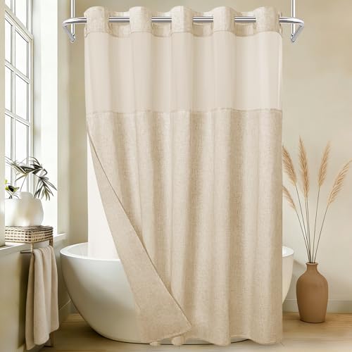 WONICY Linen Texture No Hook Shower Curtain with Liner, Flax Beige, 71x74
