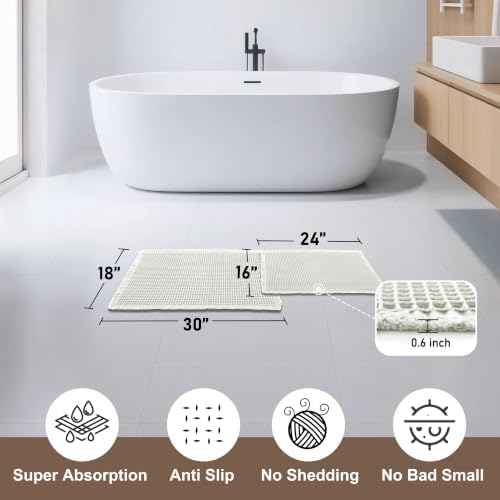 JIUZHEN Set of 2 Waffle Bath Mats Boho Bath Rugs 16"x24"+18"x30", Cream