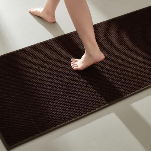 TYUU Bathroom Runner Rugs, Long Bath Mat Runner Washable Thin Quick Dry Low Pile Bathroom Runner Rugs Non Slip, Brown 16"x60"