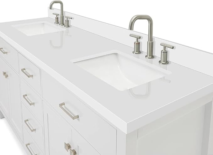 ARIEL Bristol 72-inch Bathroom Vanity with Sink,Solid Wood, 1.5-inch Pure White Quartz Countertop & Backsplash, Double Rectangular Porcelain Sink, 4 Soft Closing Doors, 4 Dovetail Drawers, White
