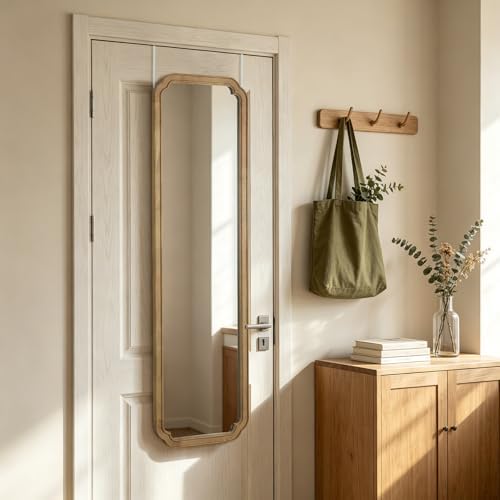 WallBeyond 48" x 14" Full Length Door Mirror with Rustic Rounded Corner Wood Frame, Over the Door Hanging Mirror for Bedroom, Closet, Dressing Area and Entryway, Natural