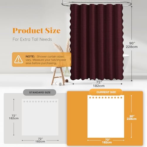 BTTN Extra Long Scalloped Linen Textured Shower Curtain, 72x96, Burgundy